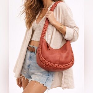 NWT Anthro Braided Leather Hobo Bag Red Slouchy Shoulder Purse Boho